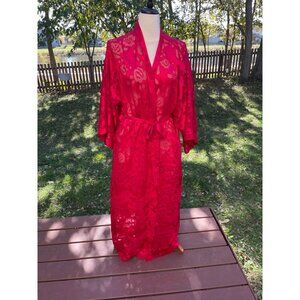 Victorias Secret Gold Label Red Floral Sheer Kimono Robe M/L Polyester Belted